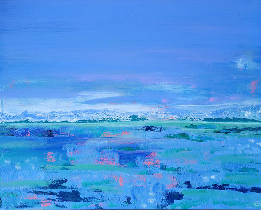 Cool Blue Evening, Original Oil Contemporary Landscape Painting,  16 x 20 in